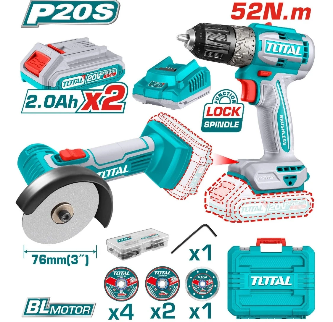 Total TCKLI20278 Li-ion Cordless (Drill Plus Mini AG) 2 Pcs Combo Kit 2.0Ah Batteries 2x (20V)