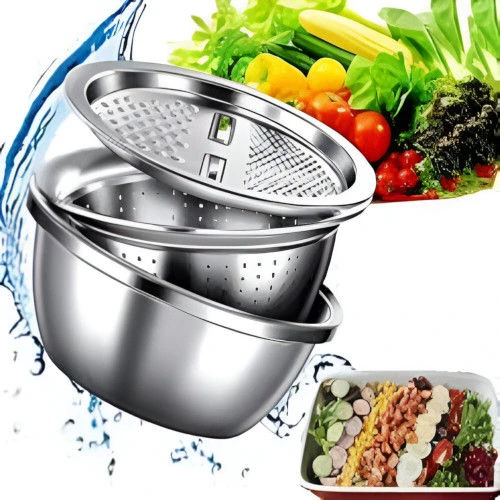 Stainless Steel 3 in 1 Kitchen Multipurpose Kitchen Bowl,Drain Basket,Graters for Vegetable,Fruit Cutter,Grater Kitchen Mesh Strainers-Total 3 Piece (Strainer+Bowl+Chopper)26CM