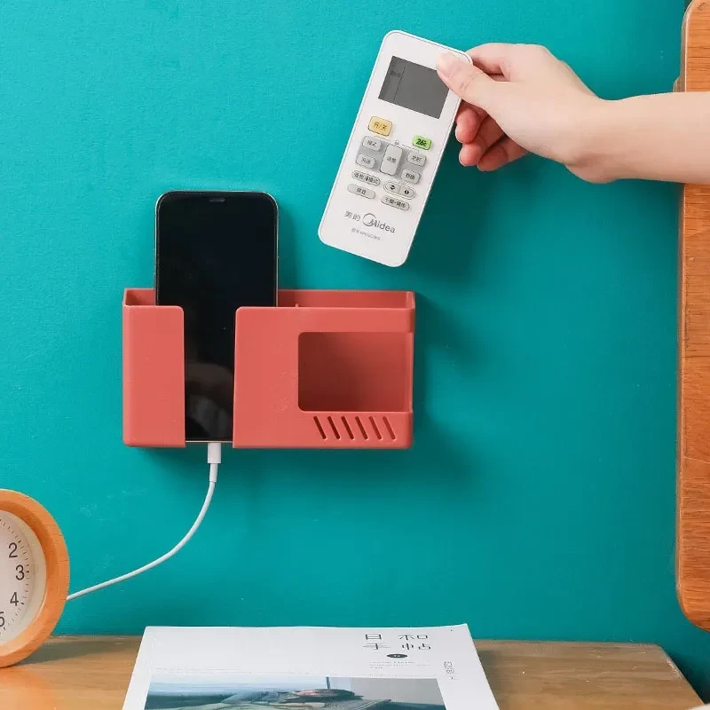 Double Layer Wall Mounted Organizer Box Punch Free Tv Remote Control Storage Phone Plug Wall Holder Charging Multifunction Hooks