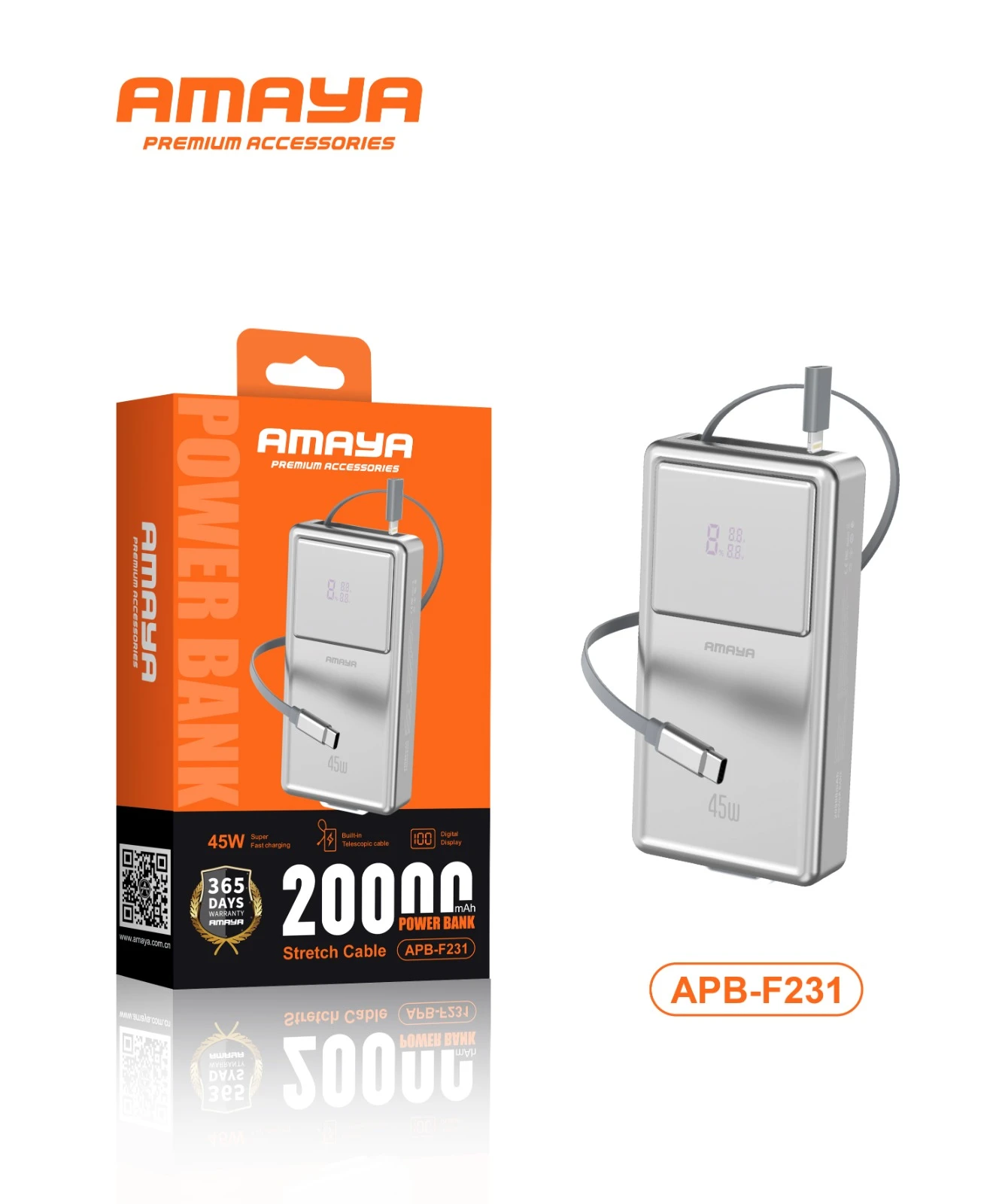 Amaya APB-F231 - Digital display Apple adapter Type-C Retractable Cable 45W Super Fast 20000mAh Power bank